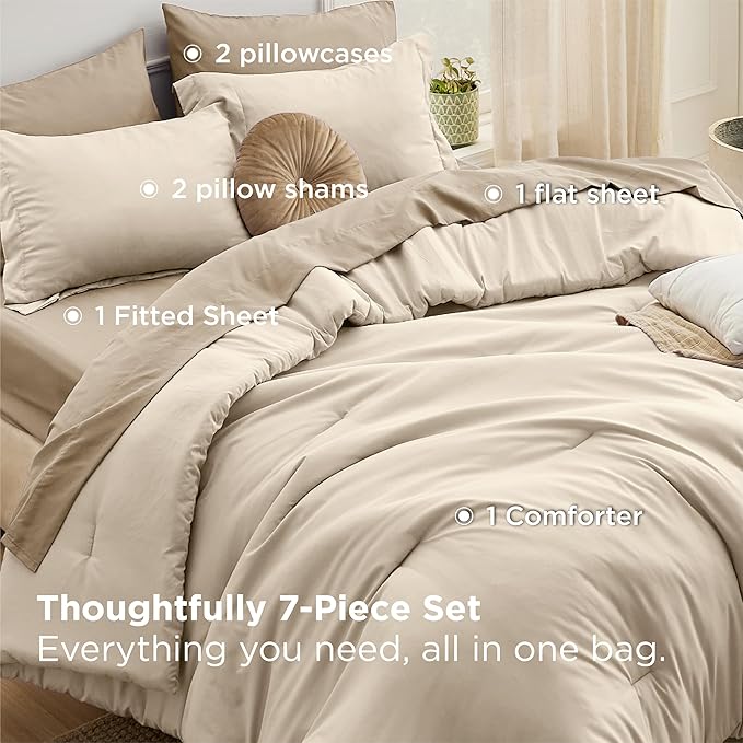Bedsure Queen Comforter Set - 7 Pieces Light Beige Queen Bedding Set for All Seasons, Boho Contrasting Design Bed in a Bag with Comforter, Sheets, Pillowcases & Shams