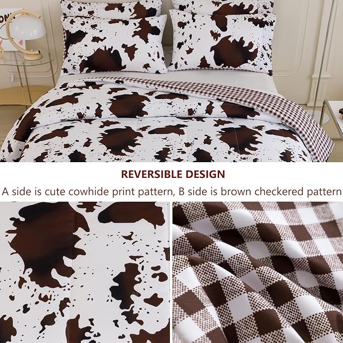 PERFEMET Queen Size Cow Print Bedding Comforter Set, Brown White Cowhide Western Comforter Sets, Geometric Checkered Reversible Cowboy Quilt Set (Brown White, Queen)
