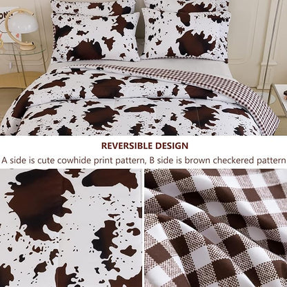 PERFEMET 3Pcs Cow Comforter Set King Size Rustic Cow Print Western Bedding Sets Farmhouse Reversible Checkered Cowhide Bed Quilt Set with Pillowcases (Brown White, King)