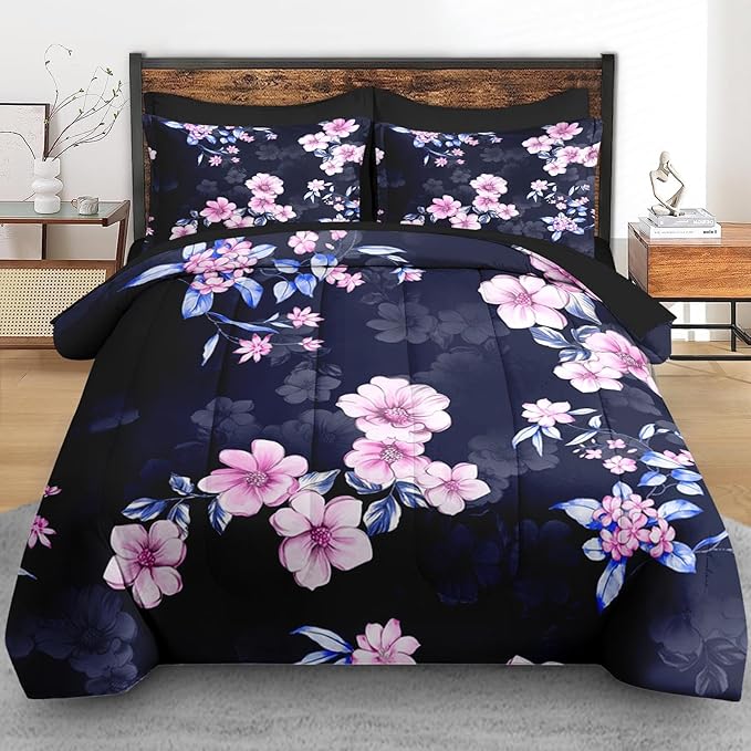Comforter Set Full Size, Navy Blue Pink Flower 7 Pcs Bedding for Kids and Adults, Floral Summer Vintage Bed Sheet Sets with Fitted Sheet 2 Pillowcases & 2 Shams for Bedroom Bed Decor