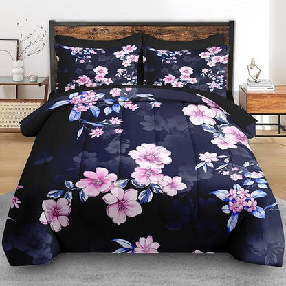Comforter Set Full Size, Navy Blue Pink Flower 7 Pcs Bedding for Kids and Adults, Floral Summer Vintage Bed Sheet Sets with Fitted Sheet 2 Pillowcases & 2 Shams for Bedroom Bed Decor