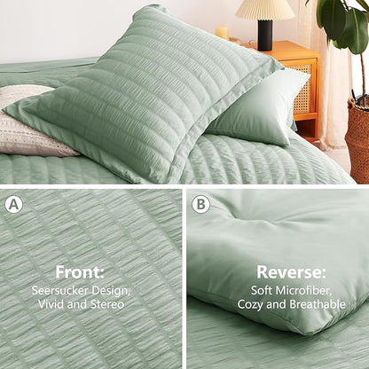 CozyLux Queen Comforter Set Sage Green Seersucker 7 Pieces Bed in a Bag Queen Comforter Set with Sheets Luxury Soft Bedding Set with Down Alternative Comforter, Sheets, Pillowcases & Shams All Season