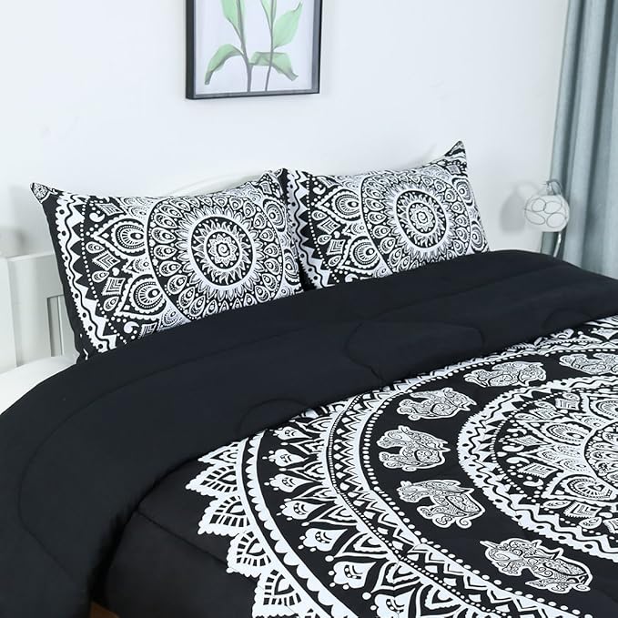 uxcell 3-Piece Bohemian Black Comforter Sets - 3D Printed Bohemia Themed - All-Season Down Quilted Duvet - Reversible Design - Includes 1 Comforter, 2 Pillow Cases Full