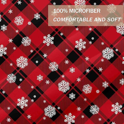 Nanko Merry Christmas Queen Size Comforter Set, Red and Black Grid Plaid Buffalo Check White Snowflake Pattern Reversible Down Alternative New Year Modern Bed Bedding Set for Women Men 90x90