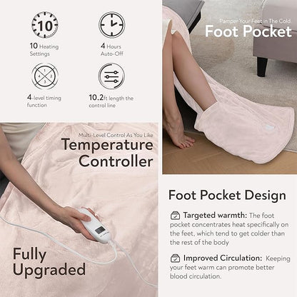 Wapaneus Foot Pocket Heated Blanket Electric Throw with 10 Heating Levels and 4 Timer Settings 4 Hours Auto Shut Off, Flannel Fast-Heating Heated Throw 50" x 60", Machine Washable, Pink