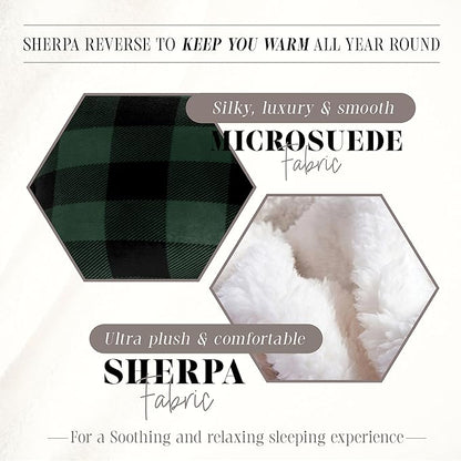 Elegant Comfort 3-Piece Buffalo Lodge-Plaid Comforter Set, Luxurious, Heavyweight, All Season, Down Alternative-Micromink Sherpa-Backing Reversible Micro-Suede, Soft and Plush, Full, Green