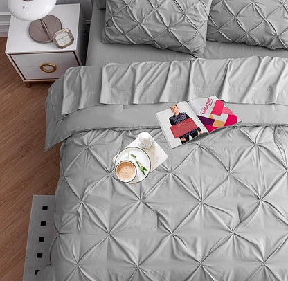 LANE LINEN Twin Sized Comforter Set – 5 Pc Luxury Down-Alternative - Pintuck Stitch Design Bedding - 1 Comforter, 1 Flat Sheet, 1 Fitted Sheet, 1 Pillowcase & 1 Sham - Easy Care, Machine Wash – Silver | Down alt fill, Machine washable, Cozy all season,...
