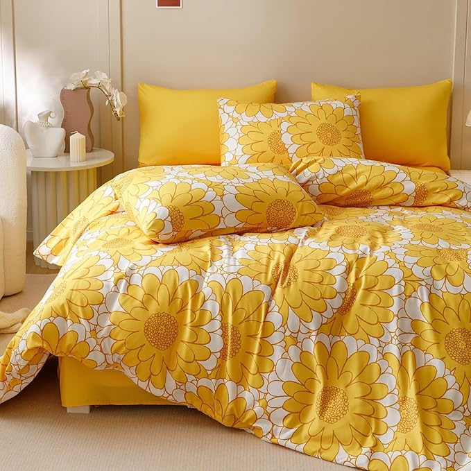 Houseri Yellow Floral Comforter Set King 3 Piece Yellow Sunflower Bedding King Size Lightweight Modern White and Yellow Botanical Bed Set Soft Comfy Quilt Blanket King