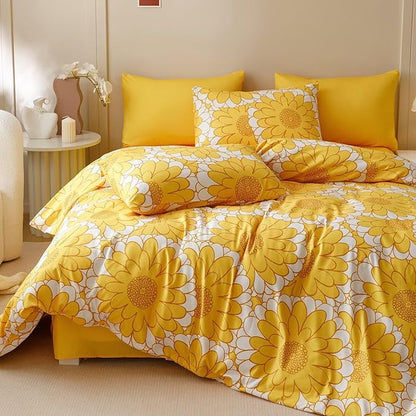 Houseri Yellow Sunflower Comforter Set - 3 Piece Bright Yellow Floral Bedding - Cal King Size - Lightweight White and Yellow Botanical Bed Set - Soft Comfy Quilt and Blanket