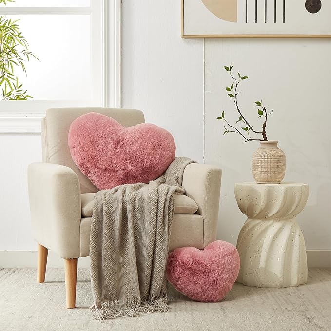 YRXRUS Heart Pillow, Rose Heart Pillows, Love Pillow Gifts, 14X17 Inch Large Heart Shaped Pillows, Faux Rabbit Fur Coquette Room Decor Throw Pillows, Living, Bedroom, Indoor Outdoor