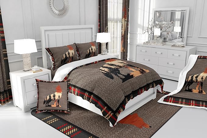 Erosebridal Wolf Bedding Set Twin Size,Howling Wolves Comforter Set for Kids Boys Girls Teens,Rustic Farmhouse Cabin Down Comforter,Safari Animals Print Duvet Insert with 1 Pillow Case,Orange Gray