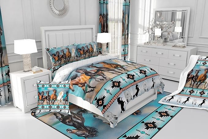 Aztec Comforter Set African Tribal Horse Printed Bedding Set,Farm Animals Duvet Insert Ethnic Tribe Arrow Dream Catcher Quilt Queen,Southwest Native Exotic Nordic Style Room Decor