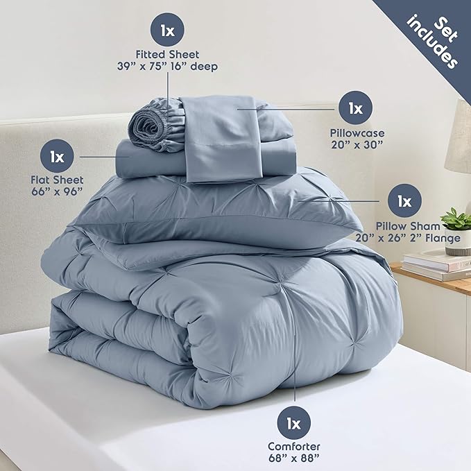 Nestl Twin Comforter Set 5 Piece, Pintuck Twin Bedding Set Stone Blue, College Dorm Room Essentials for Girls and Boys Bed in a Bag Twin All Season, Twin Comforter Set with Sheets, Pillowcase and Sham