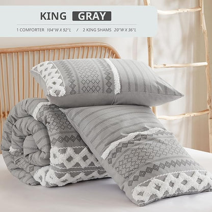 INK+IVY Comforter for King Size Bed, Chenille Tufted, Breathable Cotton Comforter Set King, All Season Modern Boho Comforter with Farmhouse Bedding Flare, 2 Matching Shams, King Gray 3 Piece