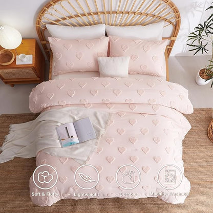 Boho Tufted Comforter Set Queen Size Pink Heart Tufted Textured Bedding Set 3 Pieces Farmhouse Shabby Chic Embroidery Bed Set Soft Jacquard Comforter for All Season with 2 Pillowcases
