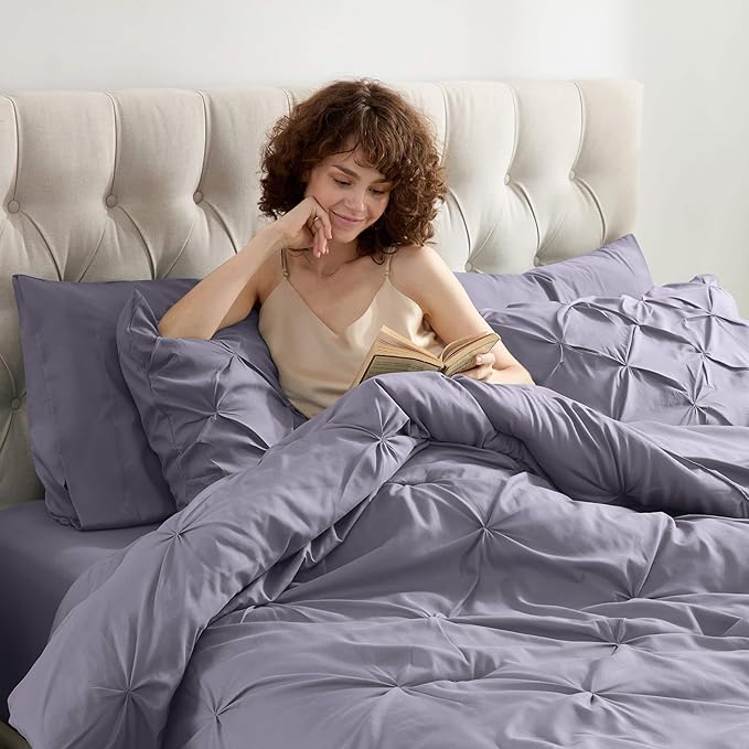 Nestl 7 Piece Comforter Set - Pinch Pleated Bedding Set All Season Full Grayish Purple, Full Size Bed Set with Sheets, Comforter, Pillowcases and Shams