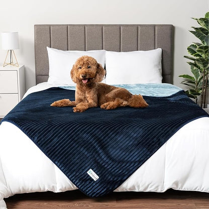 PetAmi Waterproof Dog Blanket, Leakproof Pet Blanket for Small Medium Large Dogs, Reversible Furniture Bed Sofa Couch Cover Protector, Plush Striped Pet Throw for Indoor Cat, 40x60 in, Navy Blue