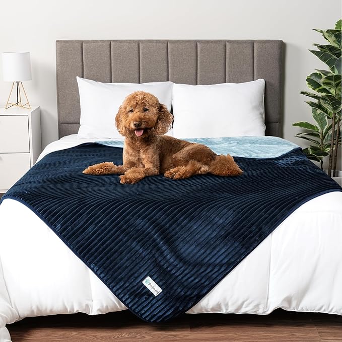 PetAmi Waterproof Dog Blanket, Leakproof Pet Blanket for Small Medium Large Dogs, Reversible Furniture Bed Sofa Couch Cover Protector, Plush Striped Pet Throw for Indoor Cat, 29x40 in, Navy Blue