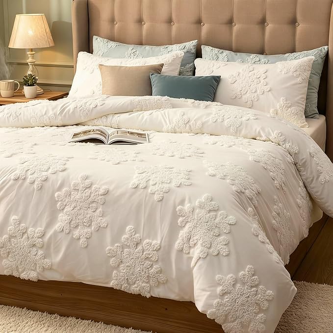 Frienda 3 Pcs Winter Snowflake King Comforter Cover Set Includes 1 Duvet Cover and 2 Pillow Shams Boho Tufted White Snowflake Bedding Set for Winter Gift