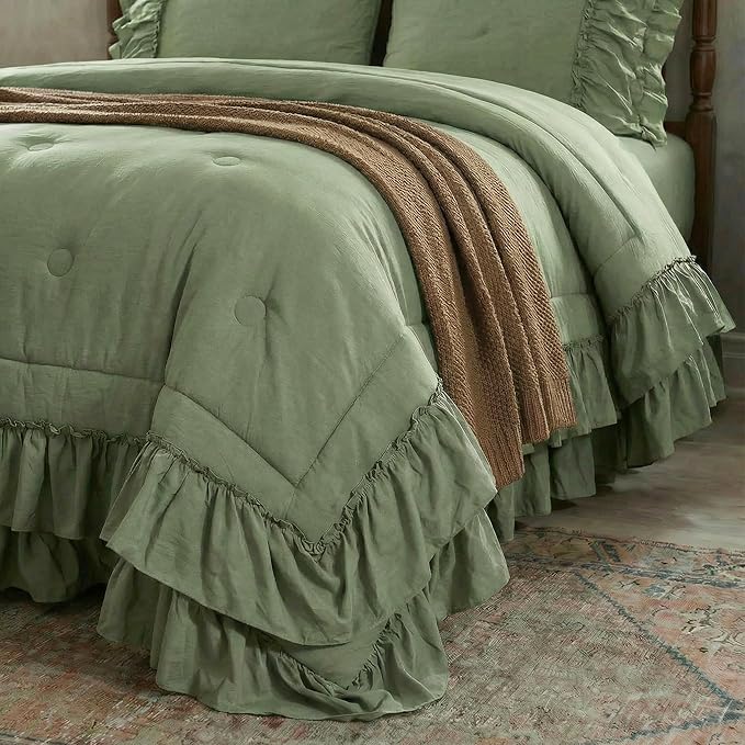 Bedding_Dreamer Sage Green Queen Size Comforter Set, 3-Piece Shabby Chic Ruffle Bedding, Soft Microfiber Boho Farmhouse Comforter for All Seasons