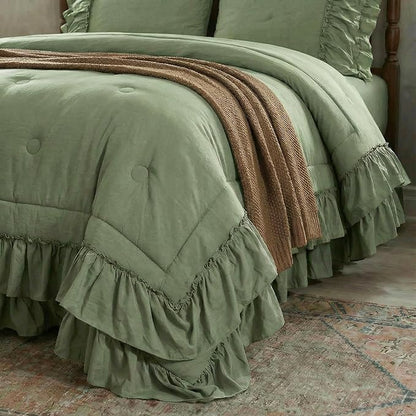 Bedding_Dreamer Sage Green Queen Size Comforter Set, 3-Piece Shabby Chic Ruffle Bedding, Soft Microfiber Boho Farmhouse Comforter for All Seasons