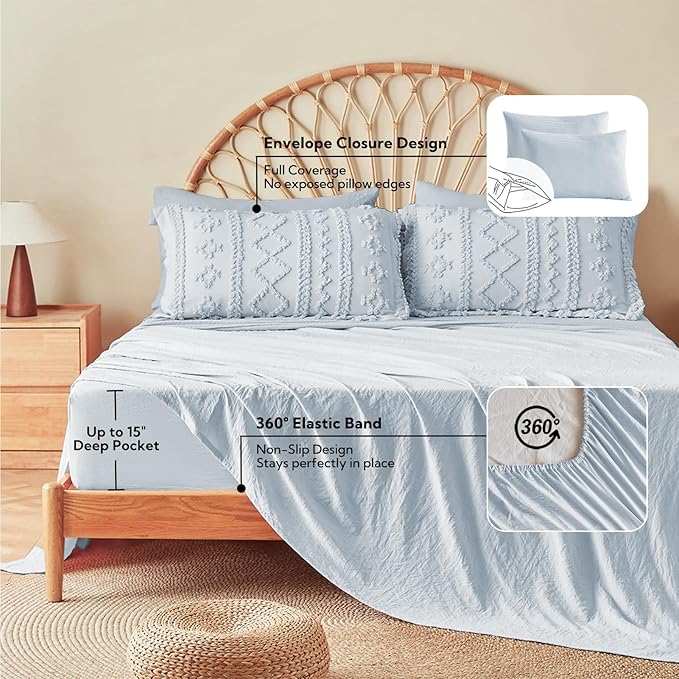 MR&HM Dusty Blue Boho Comforter Set Queen, Tufted Boho Bedding Set, Farmhouse Shabby Chic Bed in a Bag with 1 Comforter, 2 Pillow Shams, 2 Pillowcases, 1 Flat Sheet, 1 Fitted Sheet for All Seasons