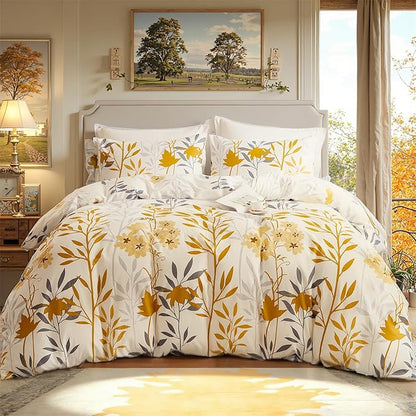 100% Cotton Comforter Set Queen Size – Yellow Floral Bedding Sets 3 Pieces Lightweight Cozy Botanical Bed Comforter, Soft Cottagecore Aesthetic All Season Bedding