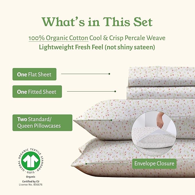 California Design Den Queen Sheet Set Floral, 100% Organic Cotton Percale Sheets, Deep Pocket Queen Sheets & Pillowcase Set - Floral