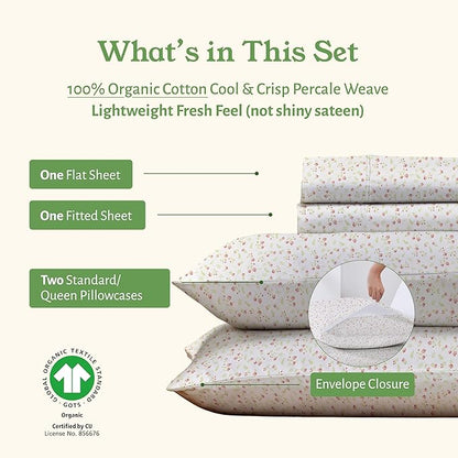 California Design Den Queen Sheet Set Floral, 100% Organic Cotton Percale Sheets, Deep Pocket Queen Sheets & Pillowcase Set - Floral