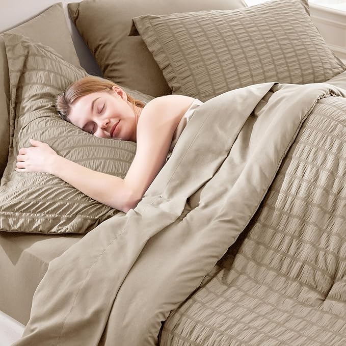 CozyLux Queen Comforter Set Taupe Seersucker 7 Pieces Bed in a Bag Queen Comforter Set with Sheets, Luxury Soft Bedding Set with Down Alternative Comforter, Sheets, Pillowcases & Shams for All Seasons