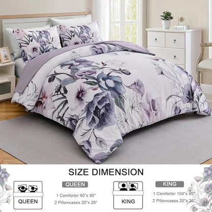 Drucon Floral Comforter Set Queen Size 3 Piece Purple Floral Bed in a Bag, Soft Microfiber Bedding Set for All Season (Purple, 90"x90")
