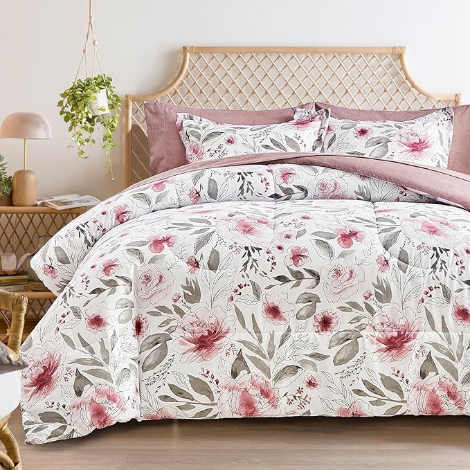 Flysheep Floral Bed in a Bag Queen Size 7 Pieces, Blush Pink and Grey Elegant Flowers Comforter Bedding Set for Women (1 Comforter, 1 Flat Sheet, 1 Fitted Sheet, 2 Pillow Shams and 2 Pillowcases)