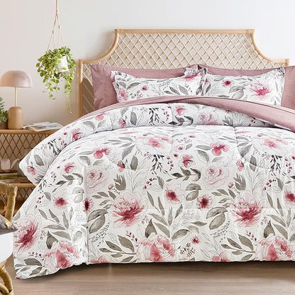 Flysheep Floral Bed in a Bag Queen Size 7 Pieces, Blush Pink and Grey Elegant Flowers Comforter Bedding Set for Women (1 Comforter, 1 Flat Sheet, 1 Fitted Sheet, 2 Pillow Shams and 2 Pillowcases)
