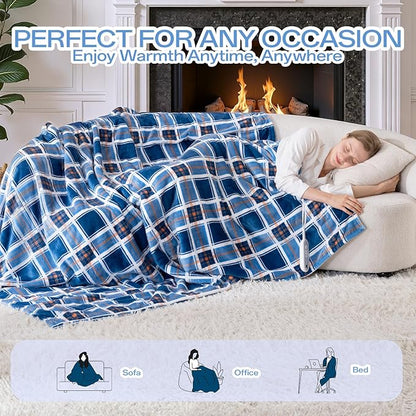 Twin Size Electric Blanket Heated, 62" x 84" Blue Plaid Heated Blanket with 8 Heat Levels & 10 Hours Auto Off, Fast Heating Blankets Machine Washable with ETL & FCC Certification