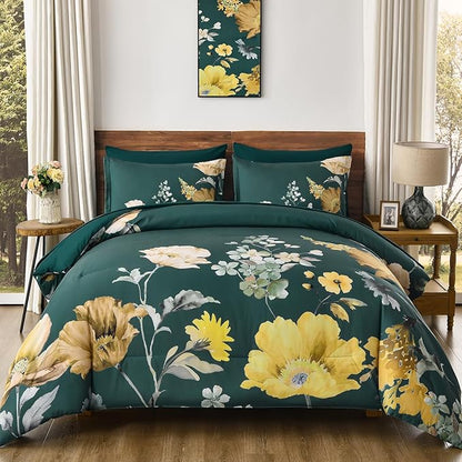 DJY Floral Comforter Set King Size 7 Pieces Teal Green Floral Bed in a Bag with Flower Leaves Pattern, Soft Microfiber Botanical Comforter and Sheet Set All Season Bedding Set(104''x90'')