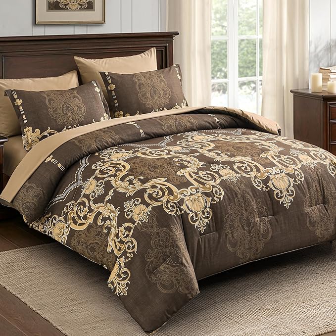 Mybedsoul 7 Pieces Coffee Comforter Set King Size, Damask Bed in a Bag for King Bed, Lightweight Microfiber Boho Bedding Sets with Comforter, Sheet, Pillowcases & Shams for All Season(90"x104")