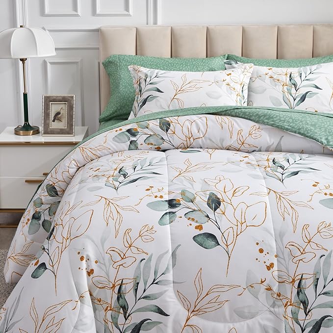 Joyreap 6 Piece Bed in a Bag Twin, Green Leaves Printed on White Botanical Design, Microfiber Comforter Set for All Season (1 Comforter, 2 Pillow Shams, 1 Flat Sheet, 1 Fitted Sheet, 1 Pillowcase)