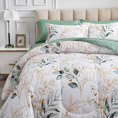 Joyreap 6 Piece Bed in a Bag Twin, Green Leaves Printed on White Botanical Design, Microfiber Comforter Set for All Season (1 Comforter, 2 Pillow Shams, 1 Flat Sheet, 1 Fitted Sheet, 1 Pillowcase)