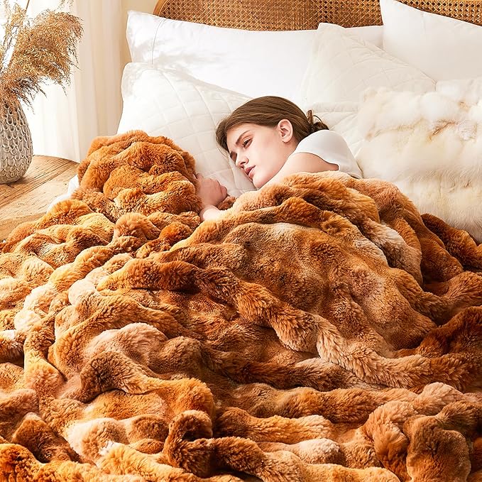 L'AGRATY Faux Fur Throw Blanket: 50" x 60" Luxury Soft Fluffy Thick Rabbit Fur Blankets for Couch Bed Sofa - Cozy Plush Bubble Blankets for Home Decor: Warm Flannel Fleece Decorative Blanket