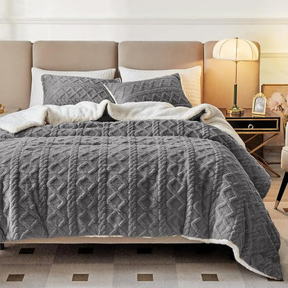 Joyreap 3-Piece Fluffy Faux Fur Sherpa Comforter Set Gray, Twin Size Luxury Tufted Bedding Comforter Set, All Season Soft n Cozy Plush Comforter Bed Set- 68x86 inches