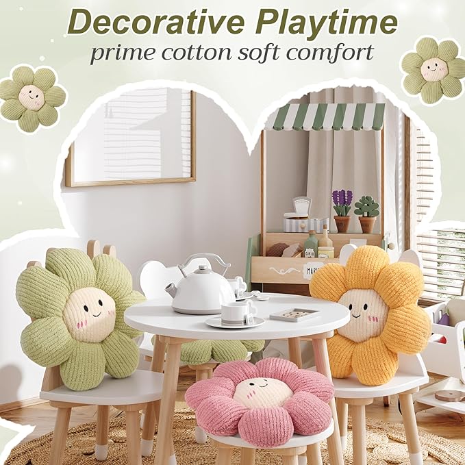 2 Pcs Smile Face Flower Pillows 15" Green Flower Throw Pillows Decorative Daisy Floor Seating Cushion Aesthetic Cute Seat Cushion for Bed Sofa Couch Home Decor Bedroom Living Room Chair