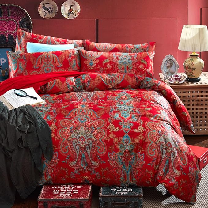 mixinni Red Paisley Comforter Sets Queen Size Bed Shabby Chic Print Comforter All Season 3 Pieces 1 Fluffy Soft Comforter with 2 Pillow Shams-Queen Size