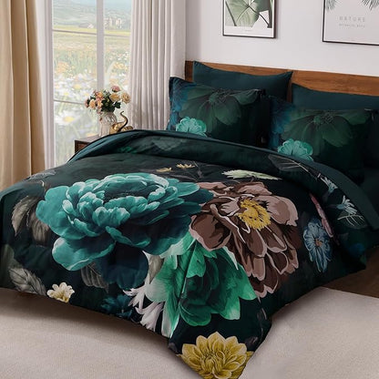 WONGS BEDDING Floral Comforter Set King Size, 7 Pieces Teal Bed in a Bag Comforter Bedding Set, Soft Microfiber for All Season with Pillowcases & Shams,Sheets(90"×104")