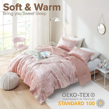 Comfort Spaces Juliette Luxe Comforter Set Velvet Lush with Soft Brushed Microfiber Reverse, All Season Cozy Velvet Bedding Sets, Fluffy Comforter Bed Set, Matching Sham, Blush King 3 Piece