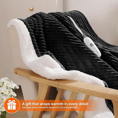Electric Throw Heated Throw 50''x60'', Striped Flannel & Thicker Sherpa, 5 Heat Settings & 4 Hour Auto Off with FCC/ETL Certified, Overheat Protection & Machine Washable, Great Gift, Charcoal Grey