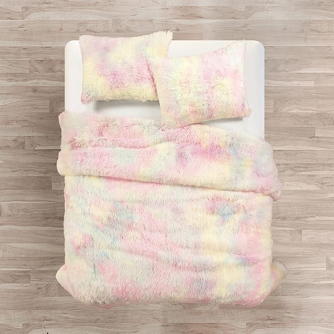 Lush Decor Emma Cozy Ultra Soft Rainbow Faux Fur Comforter 3 Piece Set Full/Queen Rainbow - Cute Bedding Set Queen Comforter - Kids Bedroom Decor