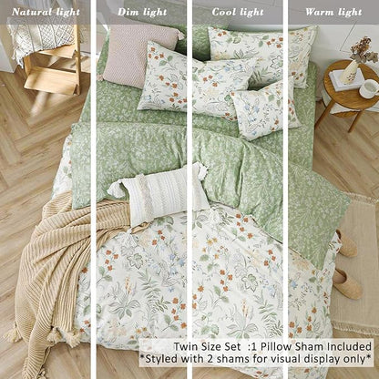 Natural Cotton 2pcs Botanical Comforter Sets Twin Size-Green Comforter with Red & Blue Flowers,Gray Leaves on Off-White, Reversible Lightweight Bedding Sets(Twin 68"×90")