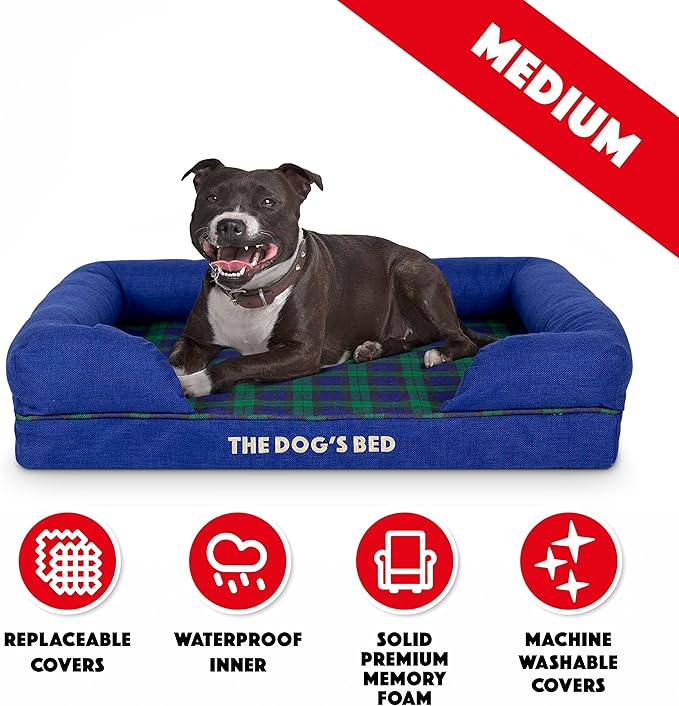 The Dog’s Bed Orthopedic Memory Foam Dog Bed with Bolsters, Oxford Fabric, Black Watch Tartan, M