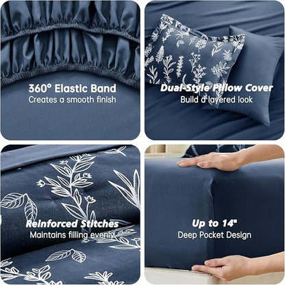 MUXHOMO Navy Blue King Comforter Set, Elegant Floral Print Bed in a Bag 7 Pieces, Ultra Soft & Breathable Reversible Botanical Pattern Bedding Set with Comforter, Sheets, Pillowcases, and Shams