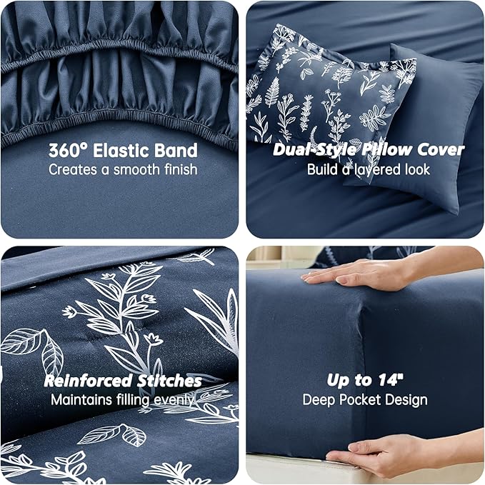 MUXHOMO Navy Blue Full Comforter Set, Elegant Floral Print Bed in a Bag 7 Pieces, Ultra Soft & Breathable Reversible Botanical Pattern Bedding Set with Comforter, Sheets, Pillowcases, and Shams